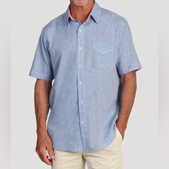True Grit Shirt Button Down Linen BlendShort Sleeve‎ Men M Washed Melange